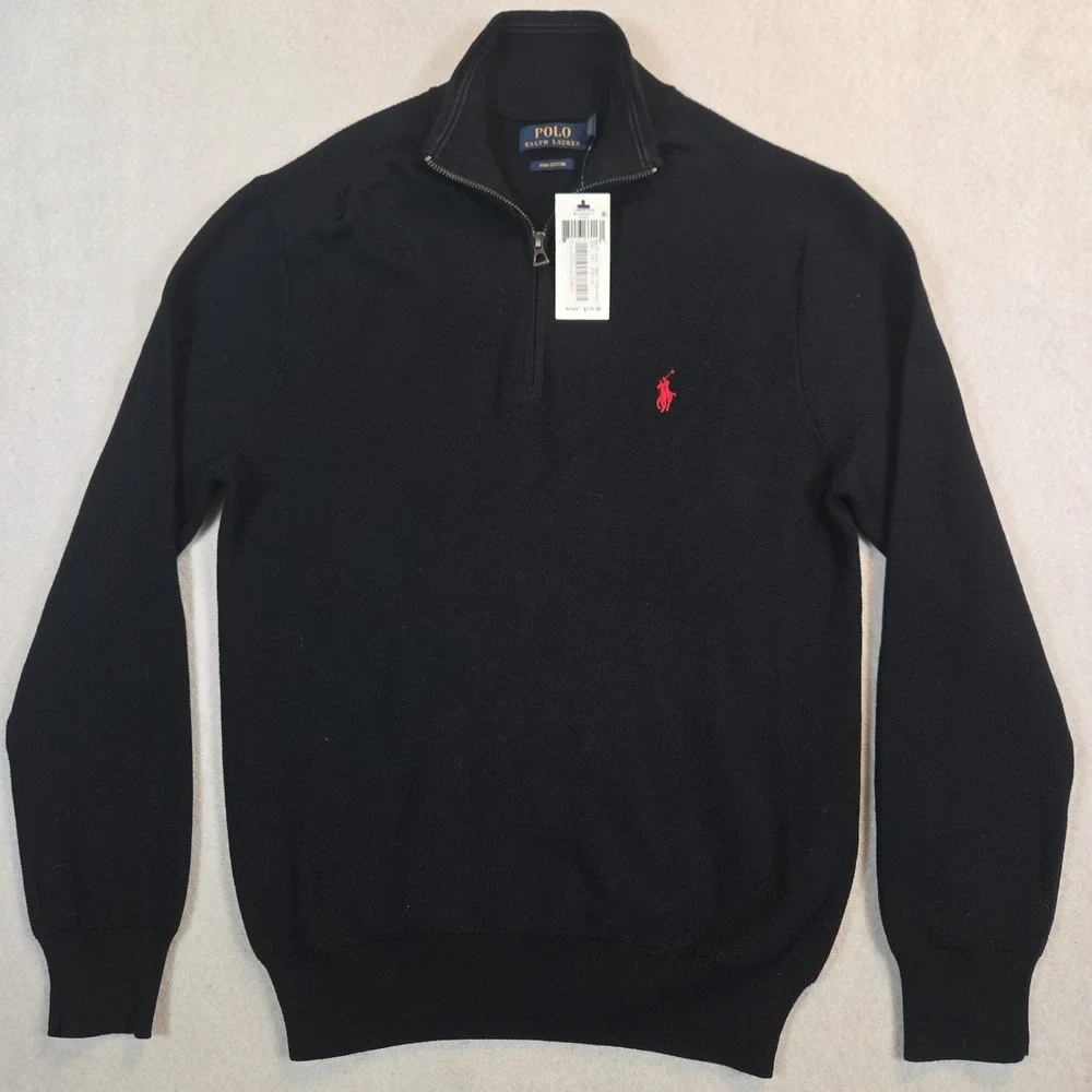 NWT Polo Ralph Lauren Mens Med Black  1/4 Zip Pima Cotton Waffle Knit  Sweater